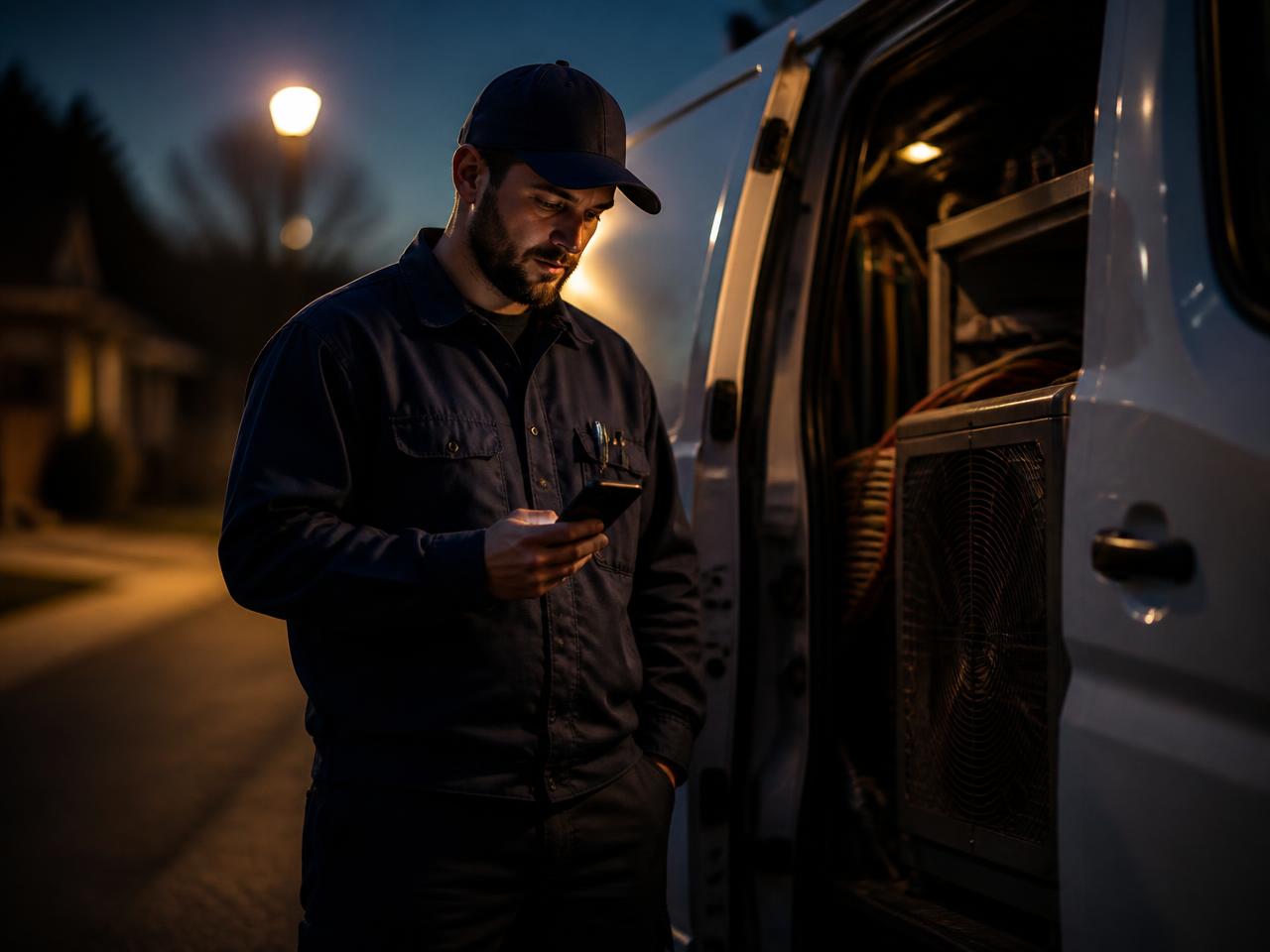Service technician reading a text message beside his van at dusk